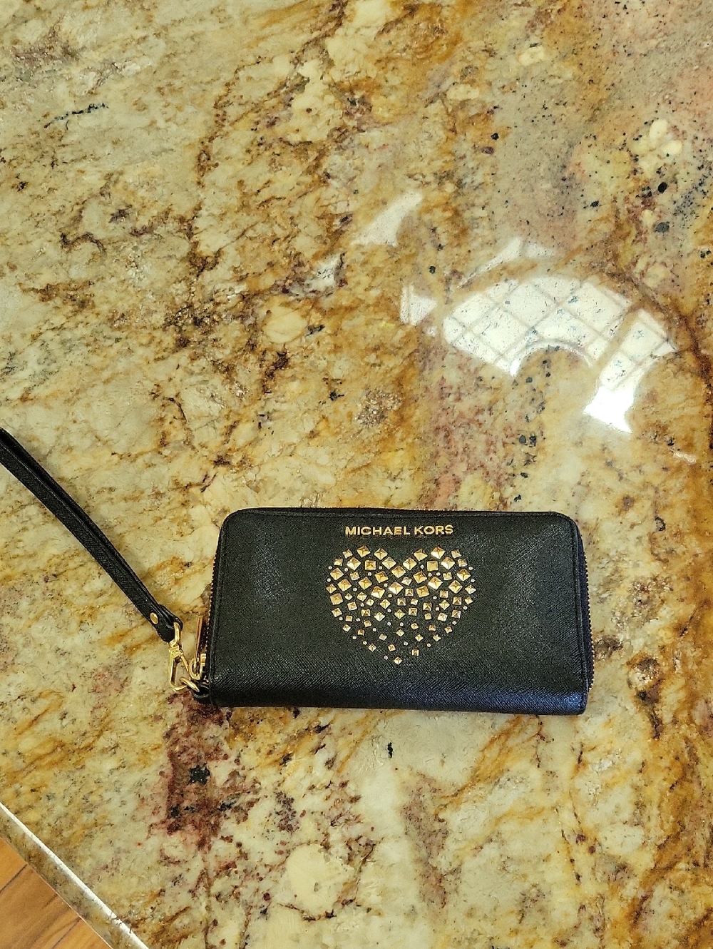 Michael Kors Black Wristlet Wallet with Gold Stud Heart